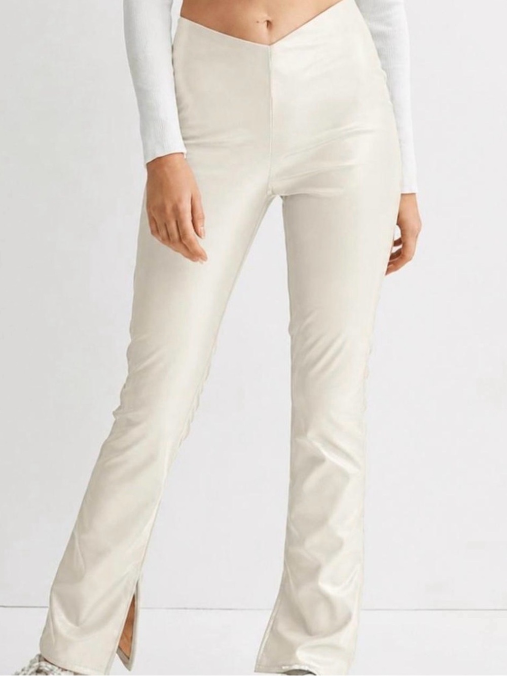 Unworn Faux Leather Cream Flared Slit Pants